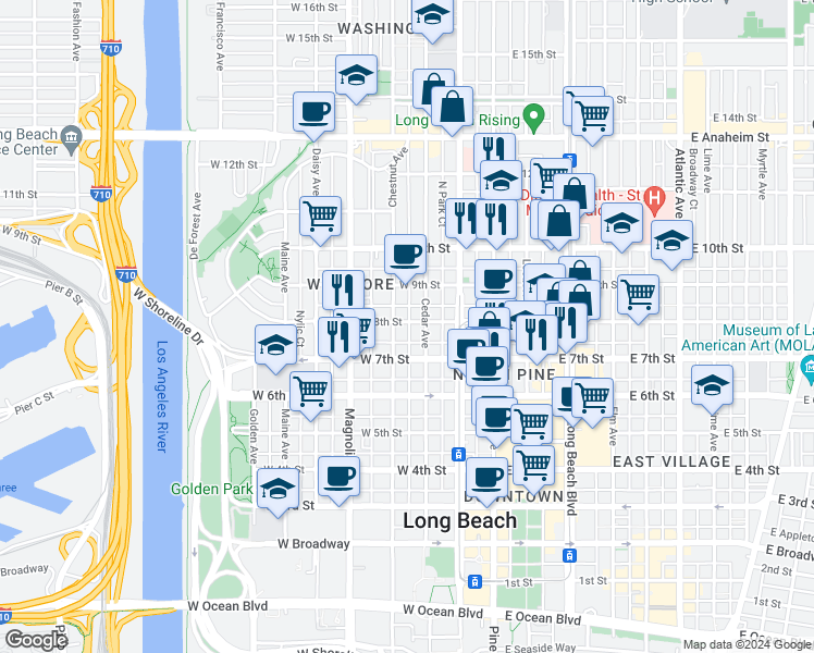 map of restaurants, bars, coffee shops, grocery stores, and more near 328 West 8th Street in Long Beach