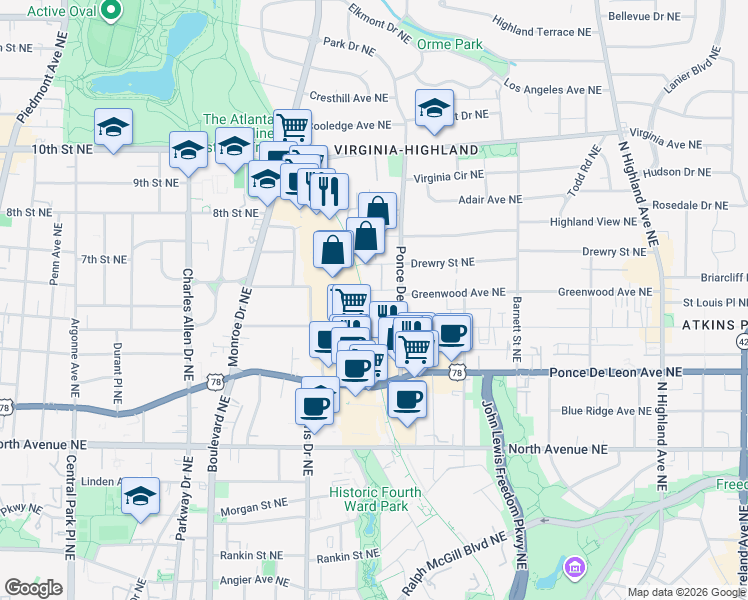 map of restaurants, bars, coffee shops, grocery stores, and more near 675 Greenwood Avenue Northeast in Atlanta