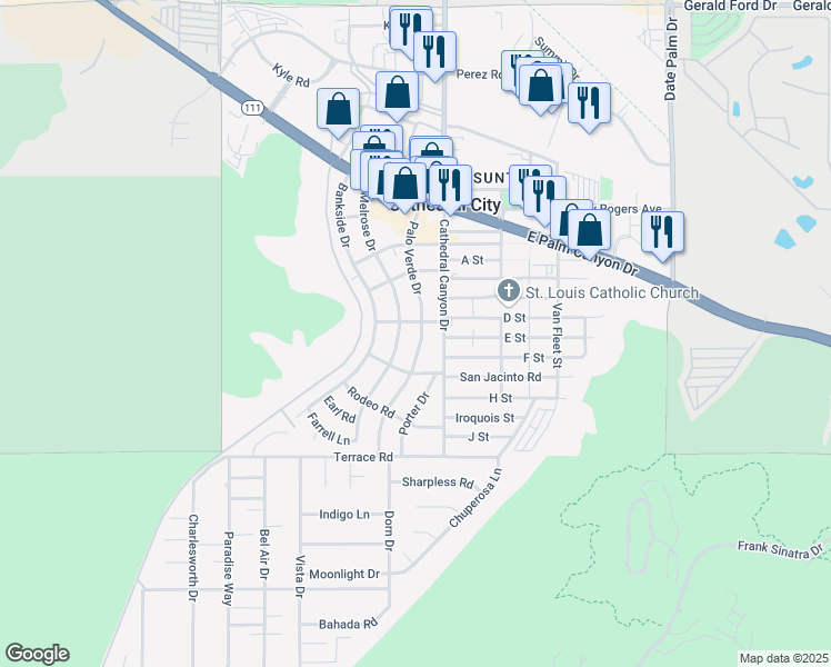map of restaurants, bars, coffee shops, grocery stores, and more near 37491 Palo Verde Drive in Cathedral City