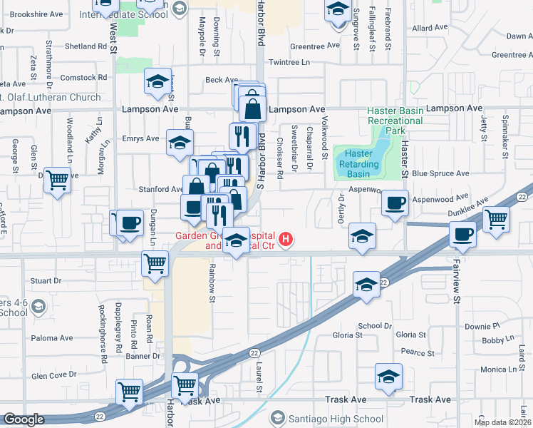 map of restaurants, bars, coffee shops, grocery stores, and more near in Garden Grove