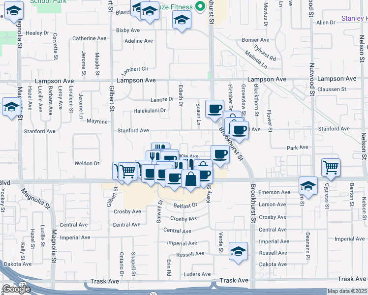 map of restaurants, bars, coffee shops, grocery stores, and more near 9802 Stanford Avenue in Garden Grove