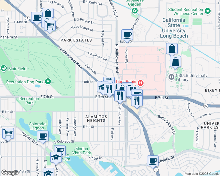 map of restaurants, bars, coffee shops, grocery stores, and more near 5590 East Oleta Street in Long Beach