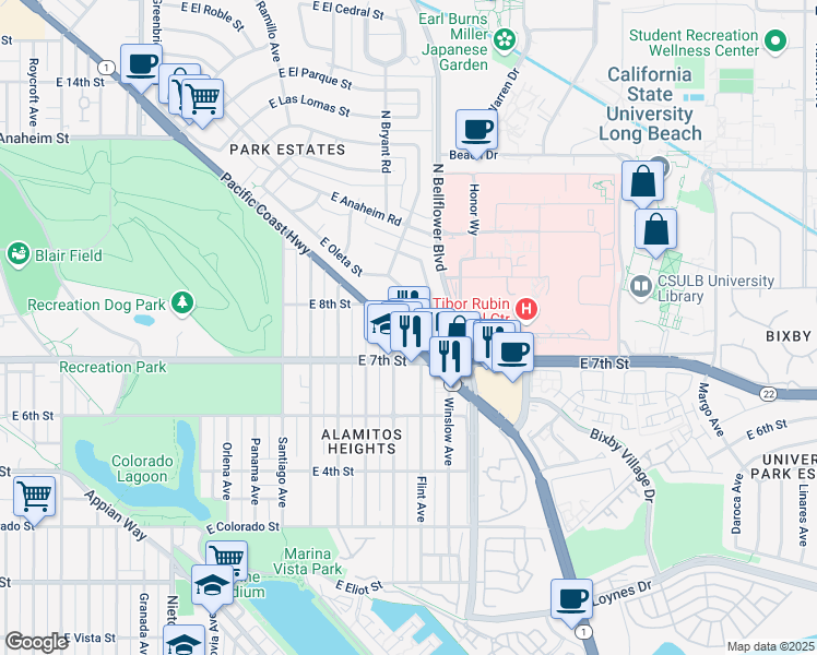 map of restaurants, bars, coffee shops, grocery stores, and more near 5590 East Oleta Street in Long Beach