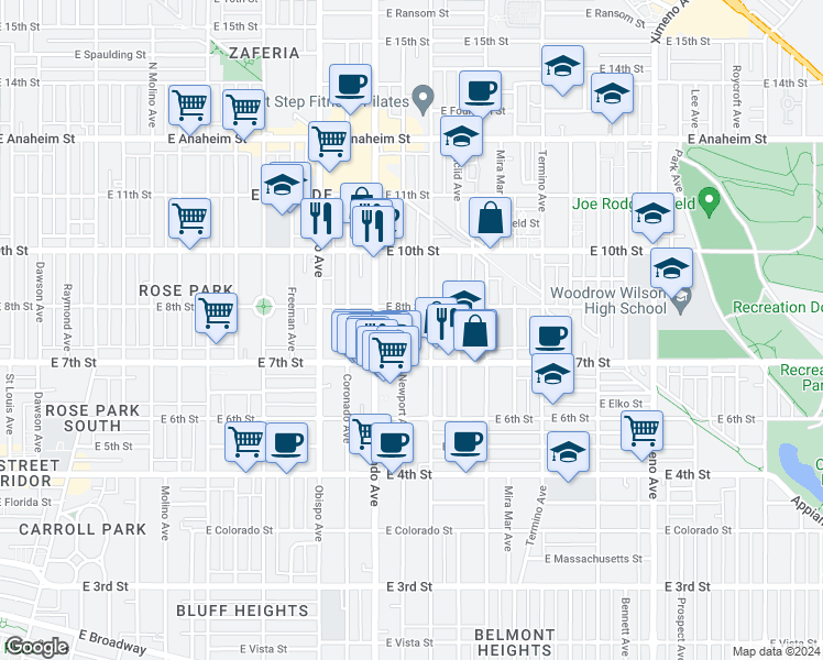 map of restaurants, bars, coffee shops, grocery stores, and more near 795 Loma Avenue in Long Beach