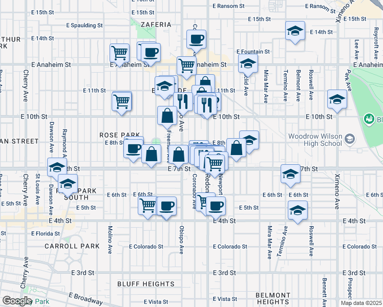 map of restaurants, bars, coffee shops, grocery stores, and more near 788 Coronado Avenue in Long Beach
