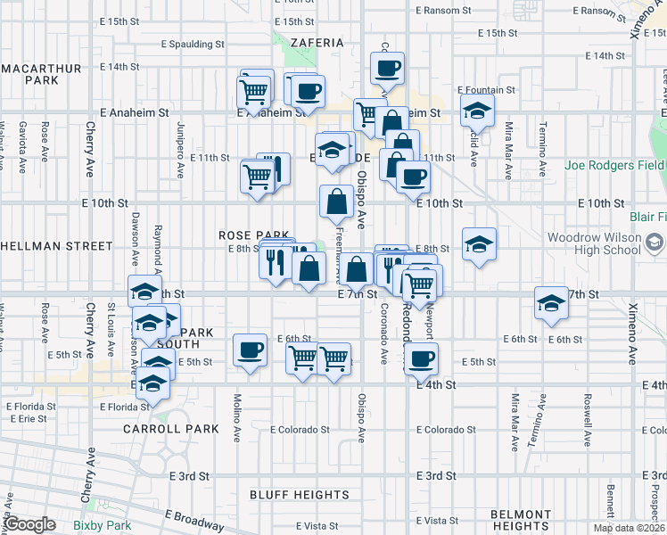 map of restaurants, bars, coffee shops, grocery stores, and more near 790 Orizaba Avenue in Long Beach