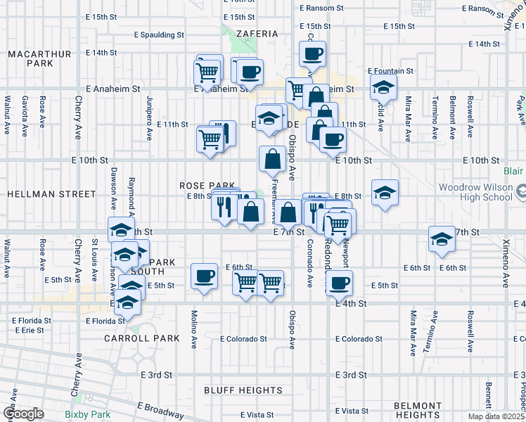 map of restaurants, bars, coffee shops, grocery stores, and more near 790 Orizaba Avenue in Long Beach