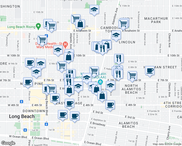 map of restaurants, bars, coffee shops, grocery stores, and more near 820 Olive Avenue in Long Beach