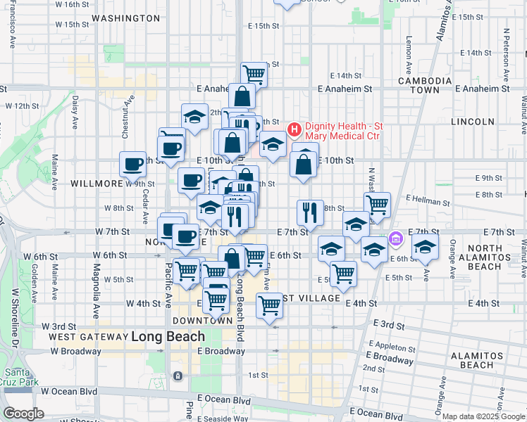 map of restaurants, bars, coffee shops, grocery stores, and more near 343 East 8th Street in Long Beach