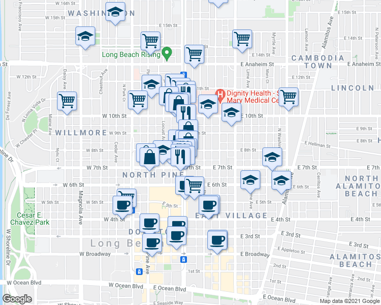 map of restaurants, bars, coffee shops, grocery stores, and more near 4423 Long Beach Boulevard in Long Beach