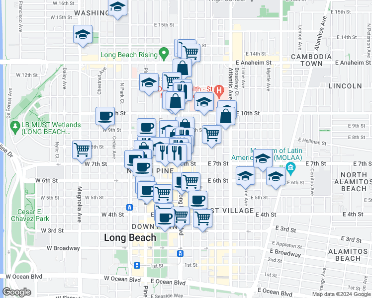 map of restaurants, bars, coffee shops, grocery stores, and more near 4423 Long Beach Boulevard in Long Beach