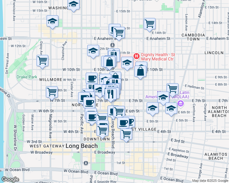 map of restaurants, bars, coffee shops, grocery stores, and more near 4423 Long Beach Boulevard in Long Beach