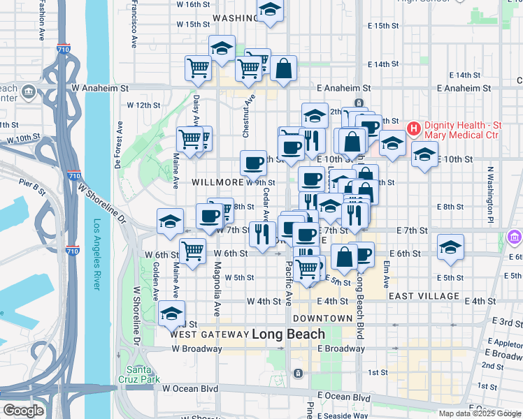 map of restaurants, bars, coffee shops, grocery stores, and more near 819 Cedar Avenue in Long Beach
