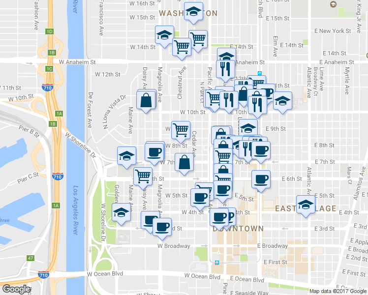 map of restaurants, bars, coffee shops, grocery stores, and more near 819 Cedar Avenue in Long Beach