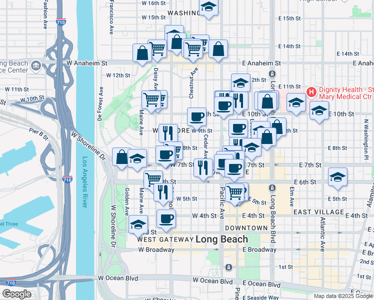 map of restaurants, bars, coffee shops, grocery stores, and more near 429 West 8th Street in Long Beach
