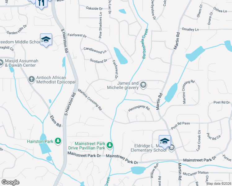 map of restaurants, bars, coffee shops, grocery stores, and more near 697 Tarkington Road North in Stone Mountain