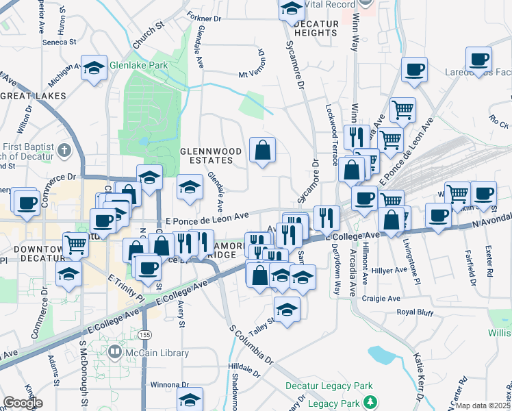 map of restaurants, bars, coffee shops, grocery stores, and more near 220 Mountain View Street in Decatur