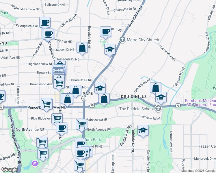 map of restaurants, bars, coffee shops, grocery stores, and more near 818 Springdale Road Northeast in Atlanta