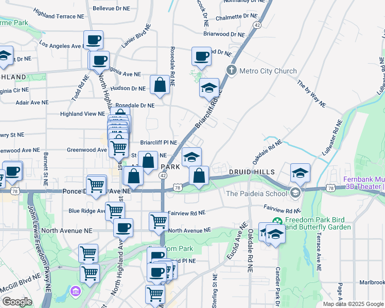 map of restaurants, bars, coffee shops, grocery stores, and more near 1231 Lullwater Park Circle in Atlanta