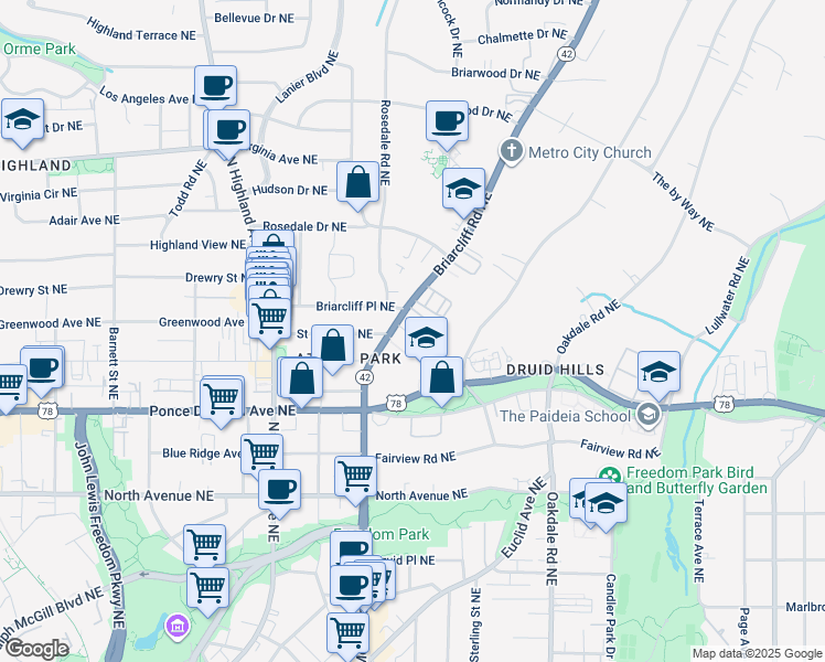 map of restaurants, bars, coffee shops, grocery stores, and more near 1231 Lullwater Park Circle in Atlanta