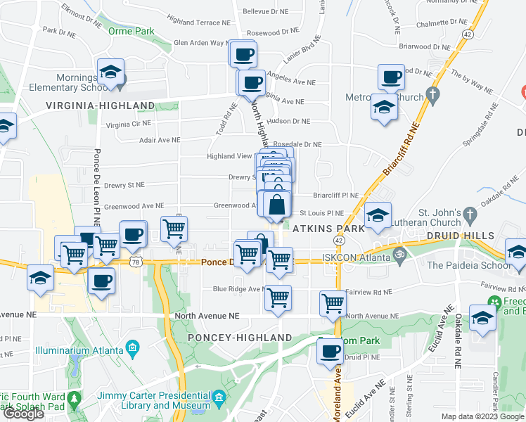 map of restaurants, bars, coffee shops, grocery stores, and more near 1016 Greenwood Avenue Northeast in Atlanta