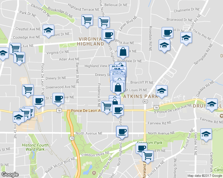 map of restaurants, bars, coffee shops, grocery stores, and more near 1016 Greenwood Avenue Northeast in Atlanta