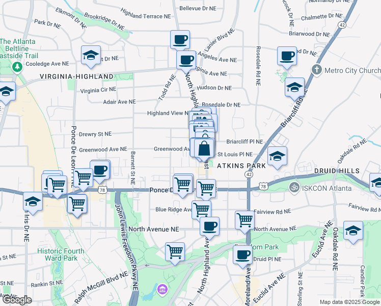 map of restaurants, bars, coffee shops, grocery stores, and more near 1016 Greenwood Avenue Northeast in Atlanta
