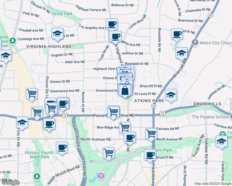 map of restaurants, bars, coffee shops, grocery stores, and more near 1016 Greenwood Avenue Northeast in Atlanta