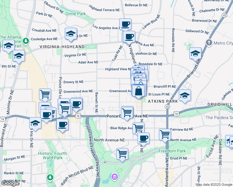 map of restaurants, bars, coffee shops, grocery stores, and more near 974 Greenwood Avenue Northeast in Atlanta