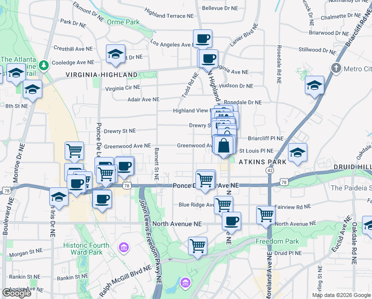 map of restaurants, bars, coffee shops, grocery stores, and more near 974 Greenwood Avenue Northeast in Atlanta