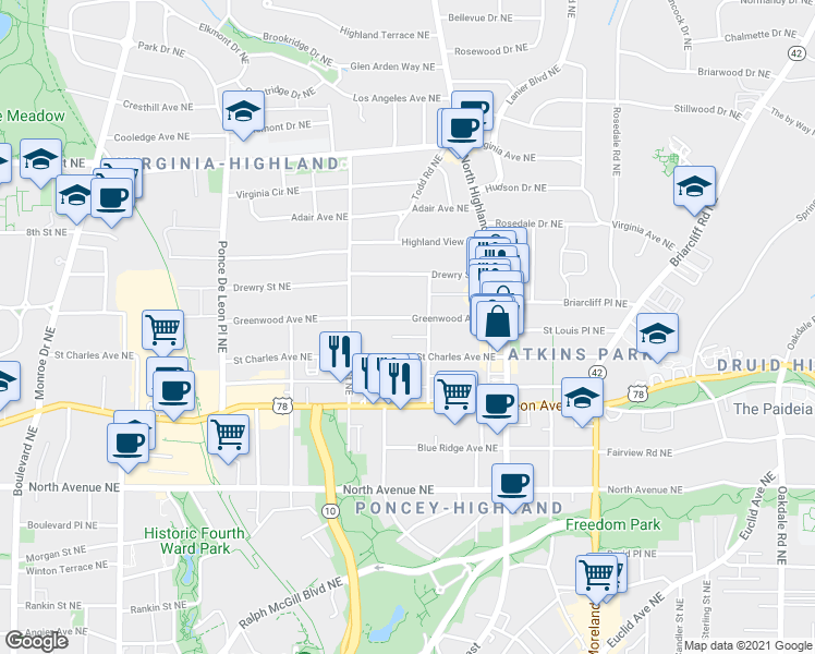 map of restaurants, bars, coffee shops, grocery stores, and more near 926 Greenwood Avenue Northeast in Atlanta
