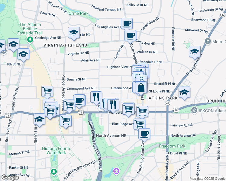map of restaurants, bars, coffee shops, grocery stores, and more near 926 Greenwood Avenue Northeast in Atlanta