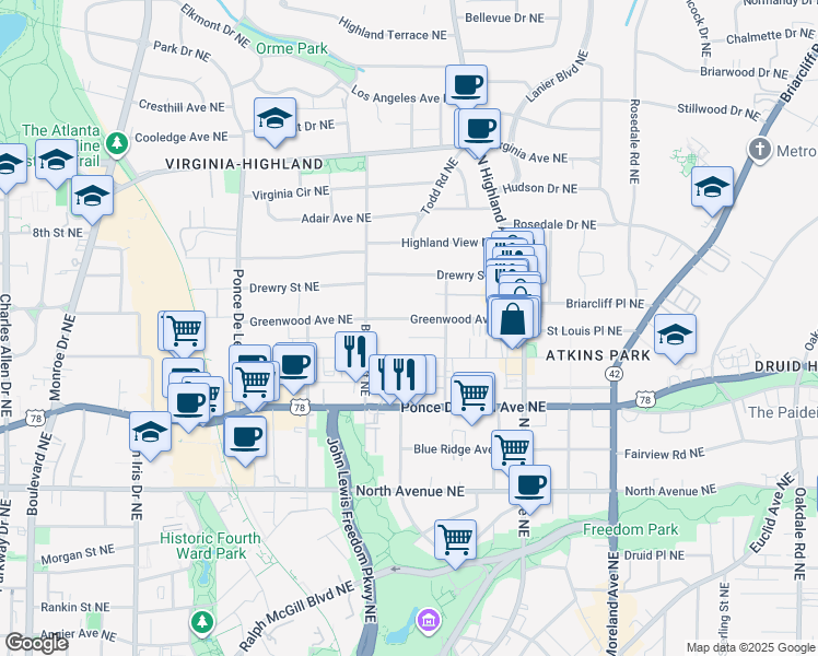 map of restaurants, bars, coffee shops, grocery stores, and more near 926 Greenwood Avenue Northeast in Atlanta