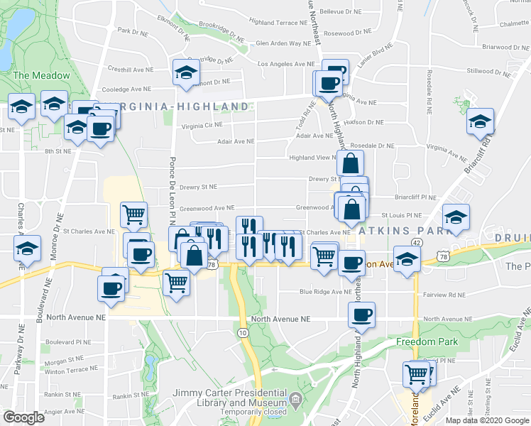 map of restaurants, bars, coffee shops, grocery stores, and more near 821 Barnett Street Northeast in Atlanta