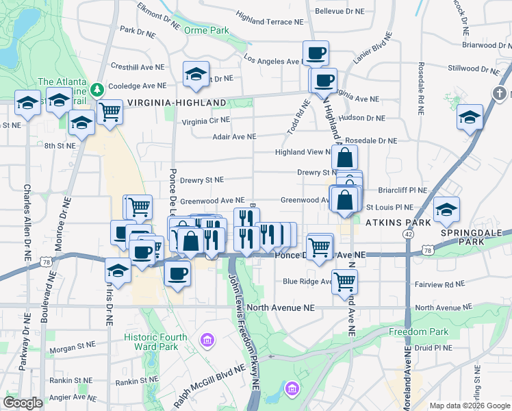 map of restaurants, bars, coffee shops, grocery stores, and more near 821 Barnett Street Northeast in Atlanta