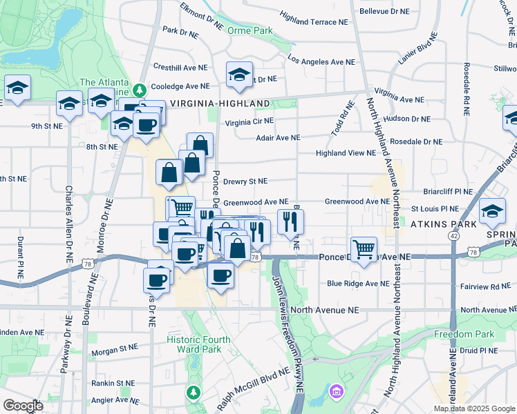 map of restaurants, bars, coffee shops, grocery stores, and more near 797 Greenwood Avenue Northeast in Atlanta