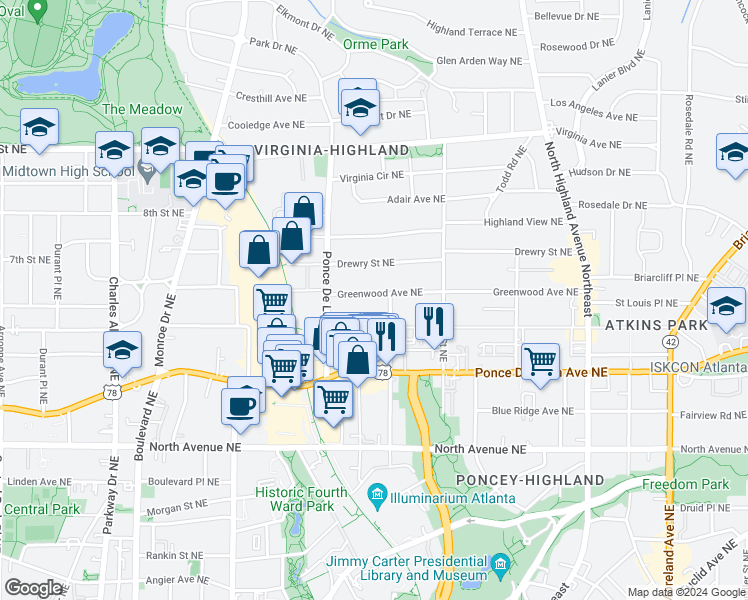map of restaurants, bars, coffee shops, grocery stores, and more near 788 Greenwood Avenue Northeast in Atlanta