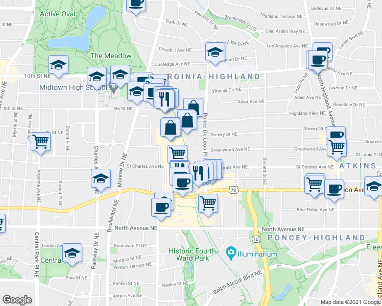 map of restaurants, bars, coffee shops, grocery stores, and more near 805 Highland Green Way Northeast in Atlanta