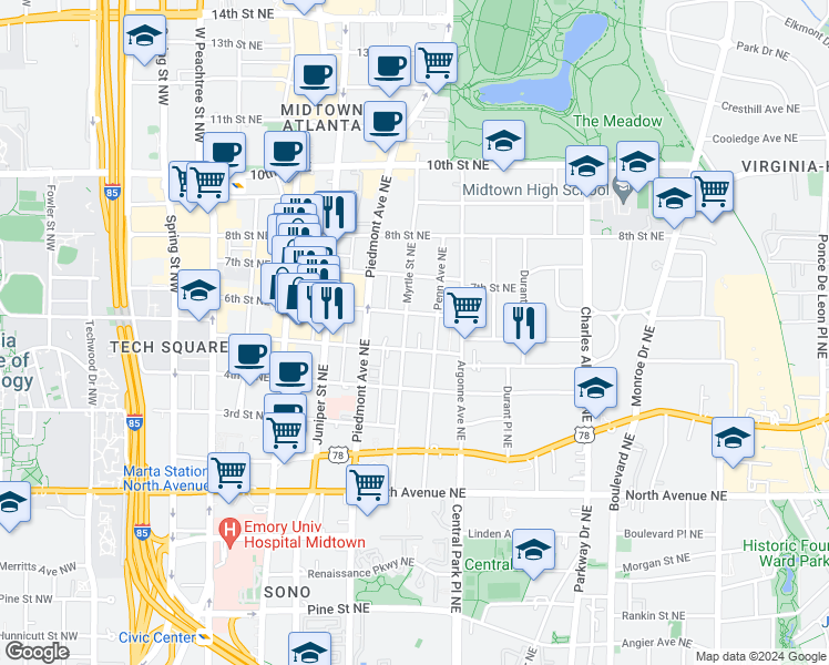 map of restaurants, bars, coffee shops, grocery stores, and more near 815 Myrtle Street Northeast in Atlanta