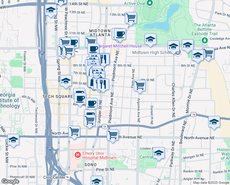 map of restaurants, bars, coffee shops, grocery stores, and more near 821 Piedmont Avenue Northeast in Atlanta