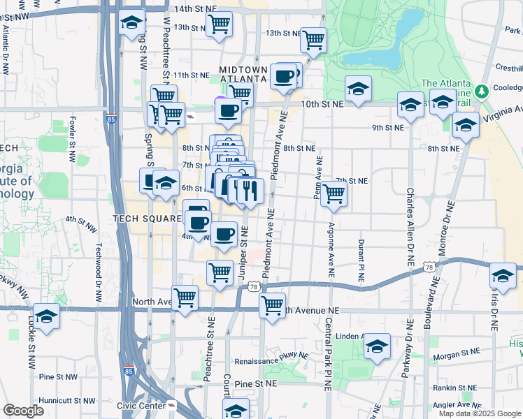 map of restaurants, bars, coffee shops, grocery stores, and more near 800 Piedmont Avenue Northeast in Atlanta