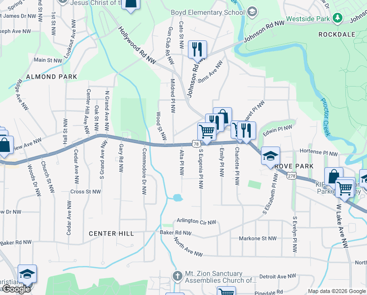 map of restaurants, bars, coffee shops, grocery stores, and more near 2165 Donald Lee Hollowell Parkway Northwest in Atlanta