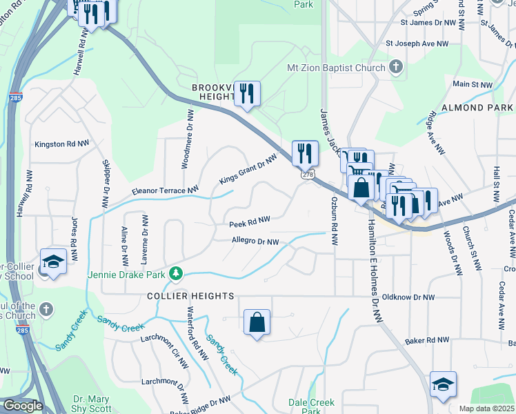 map of restaurants, bars, coffee shops, grocery stores, and more near 847 Magna Carta Drive Northwest in Atlanta