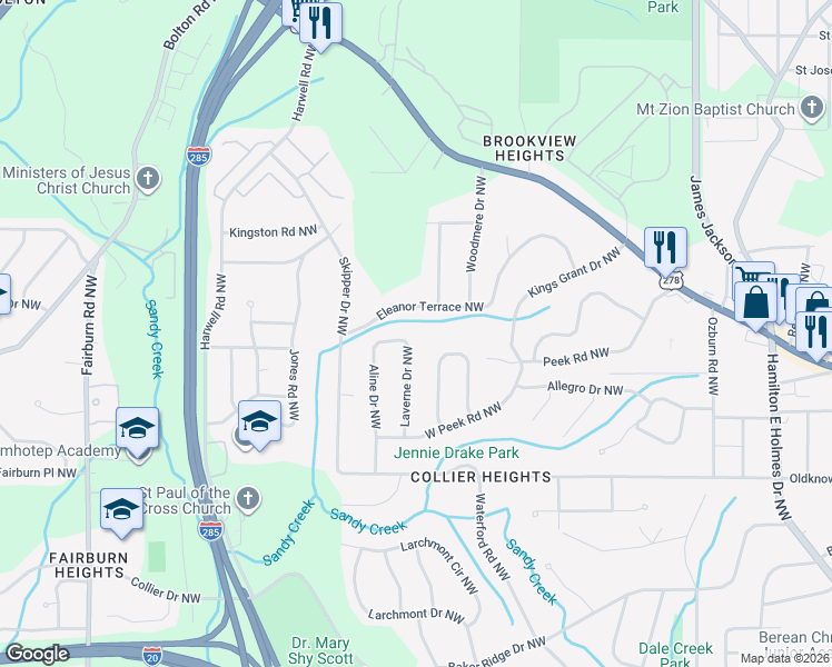 map of restaurants, bars, coffee shops, grocery stores, and more near 3082 Eleanor Terrace Northwest in Atlanta