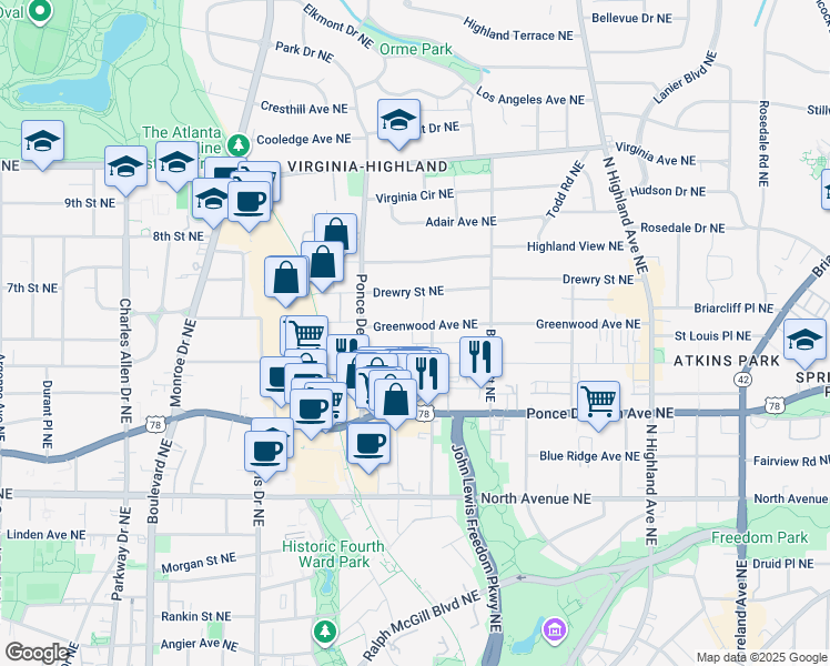 map of restaurants, bars, coffee shops, grocery stores, and more near 788 Greenwood Avenue Northeast in Atlanta