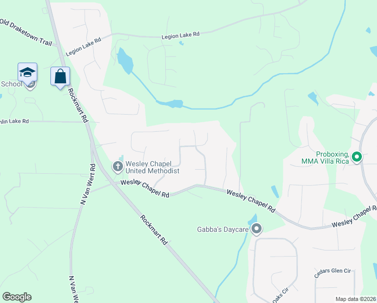 map of restaurants, bars, coffee shops, grocery stores, and more near 112 Wesley Mill Drive in Villa Rica