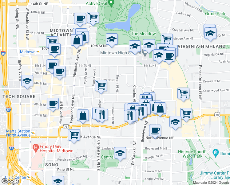 map of restaurants, bars, coffee shops, grocery stores, and more near 356 6th Street Northeast in Atlanta