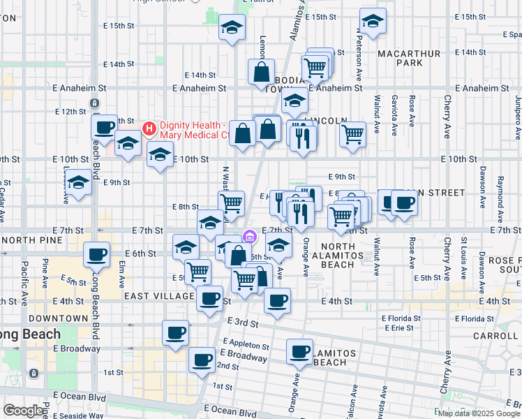 map of restaurants, bars, coffee shops, grocery stores, and more near 1040 Brenner Place in Long Beach