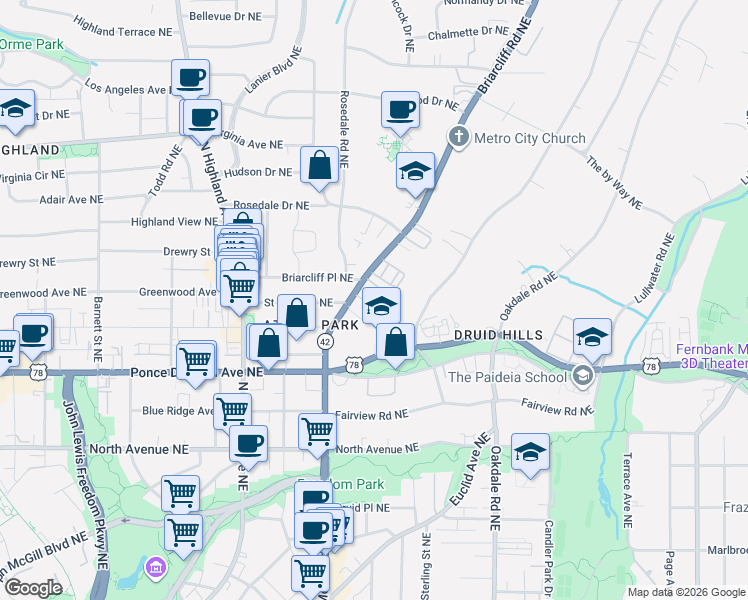 map of restaurants, bars, coffee shops, grocery stores, and more near 1231 Lullwater Park Circle in Atlanta