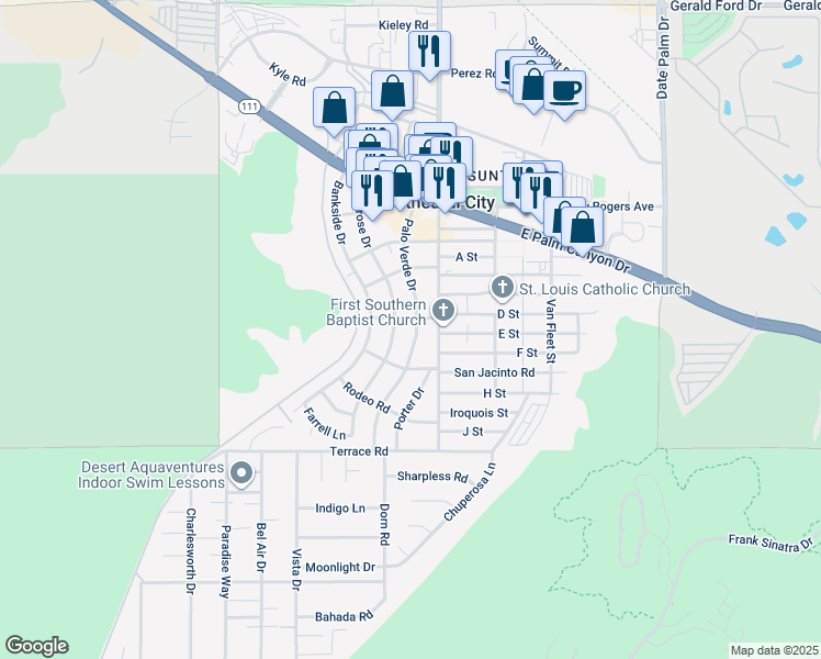 map of restaurants, bars, coffee shops, grocery stores, and more near 37491 Palo Verde Drive in Cathedral City